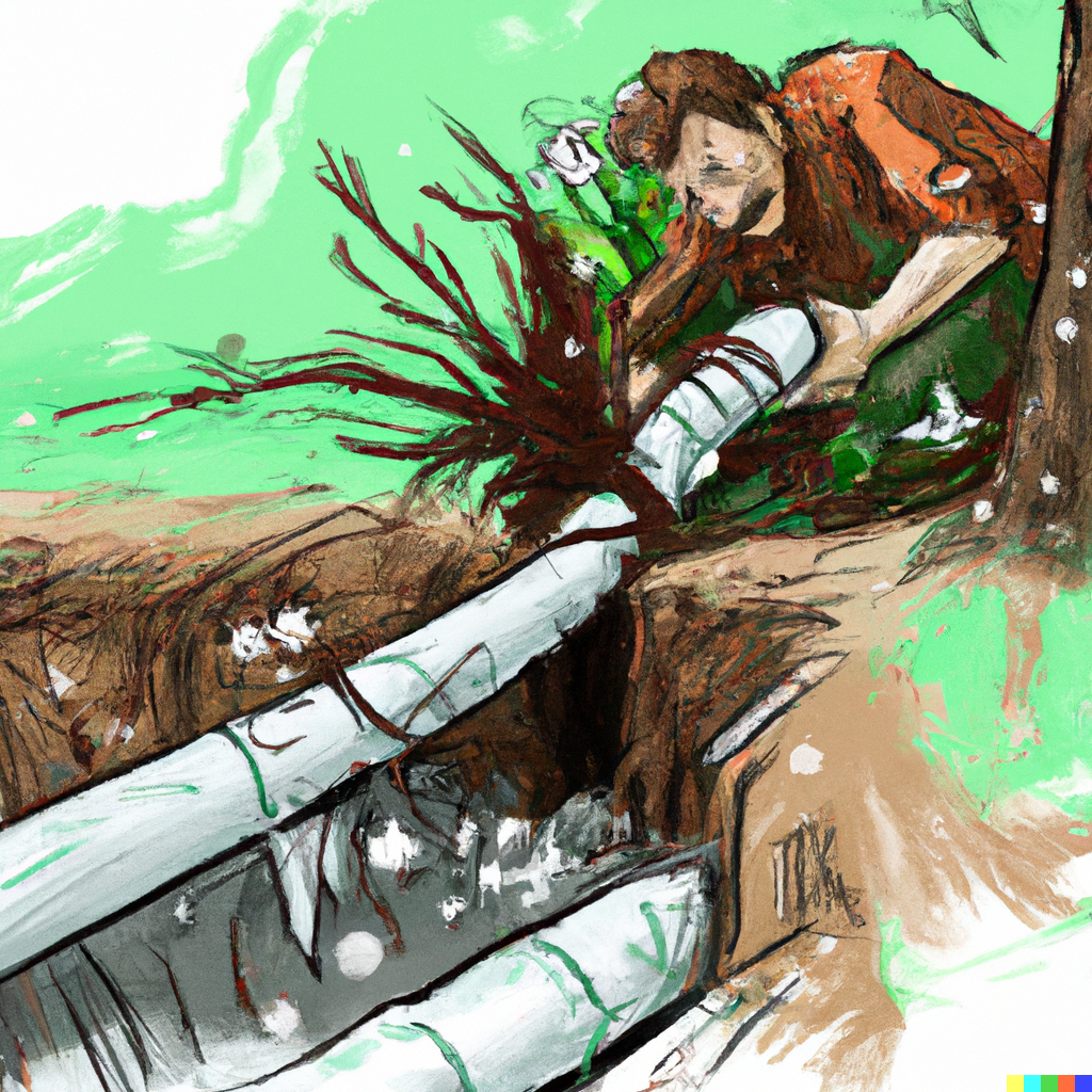 broken sewer pipe with roots growing all through it and a plumber trying to fix it