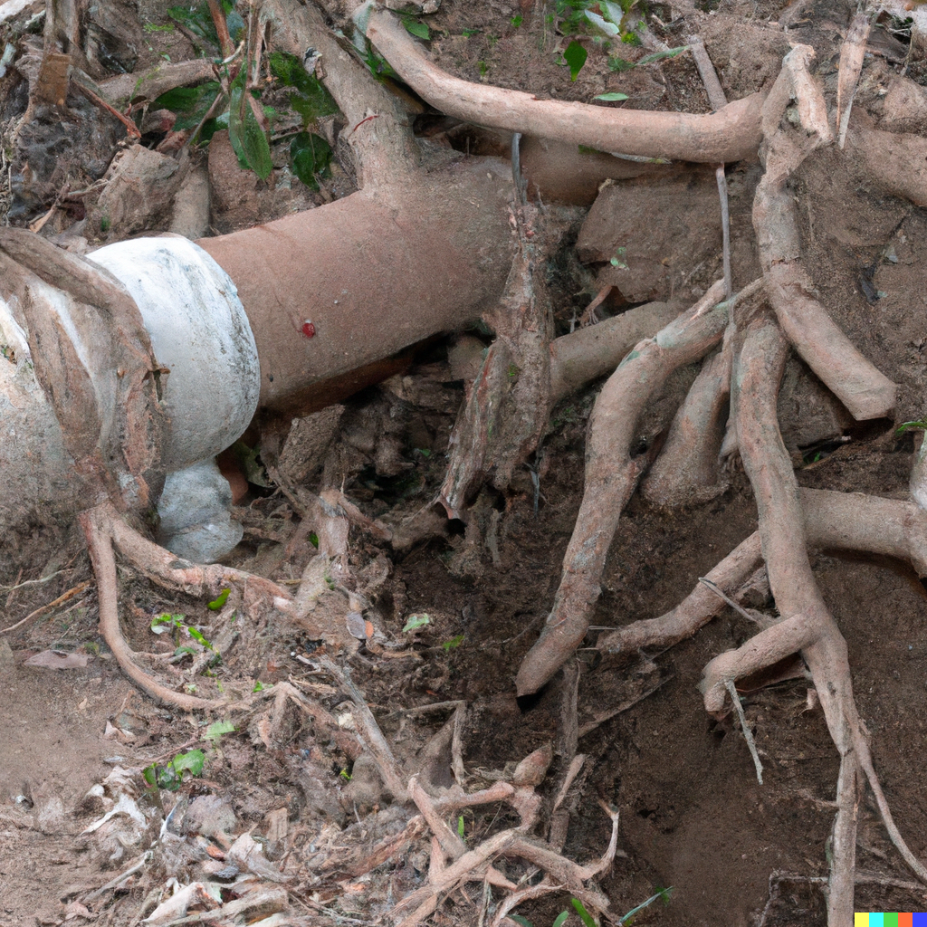 cracked clay pipe being overtaken by tree roots-1