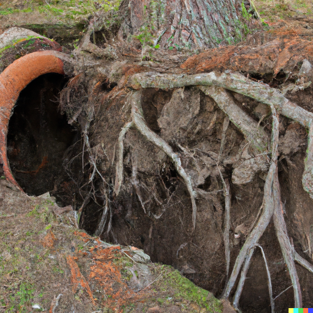 cracked clay pipe being overtaken by tree roots-3