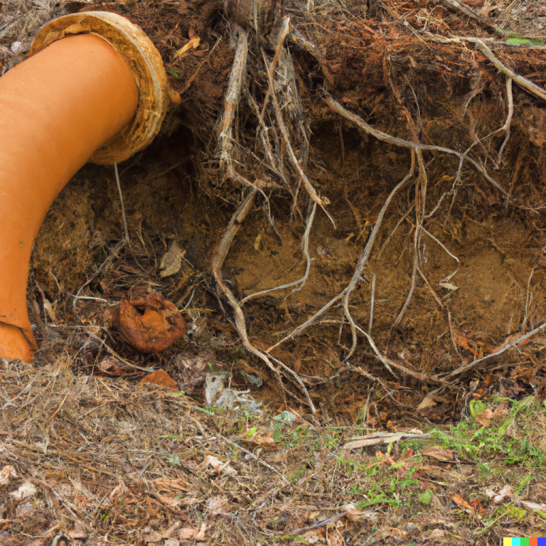 cracked clay pipe being overtaken by tree roots-4