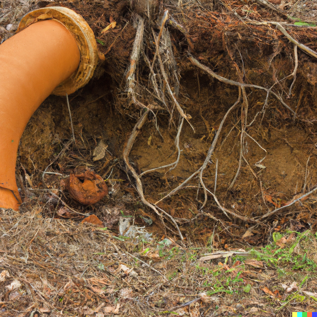 cracked clay pipe being overtaken by tree roots-4