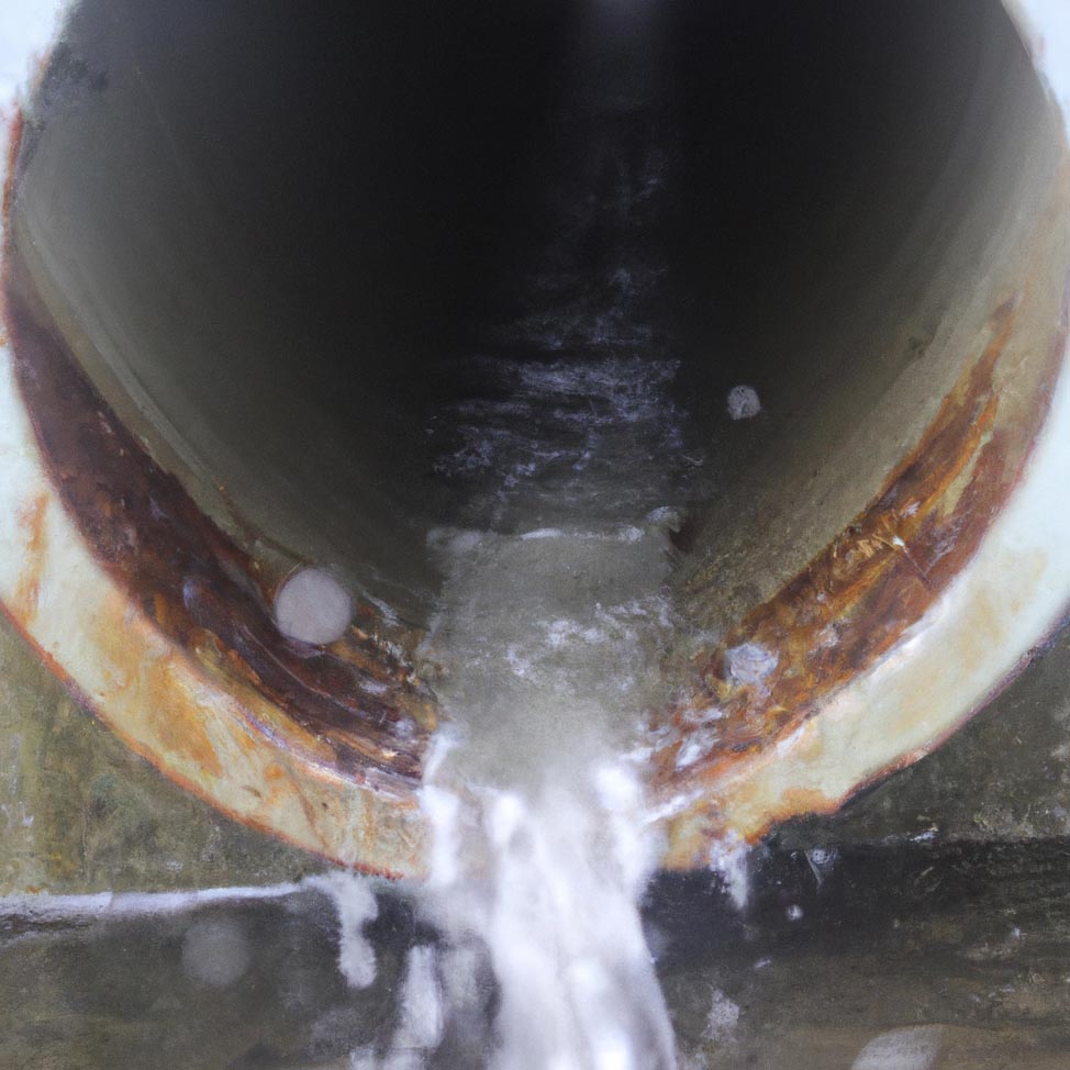 photo of a pipe with water rushing into the pipe from rain